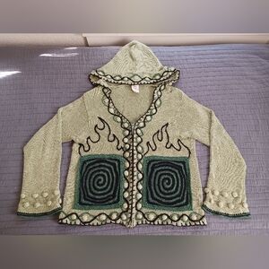 Hand Crocheted Details On Knitted Hemp/Organic Cotton Hooded Zip Sweater OOAK